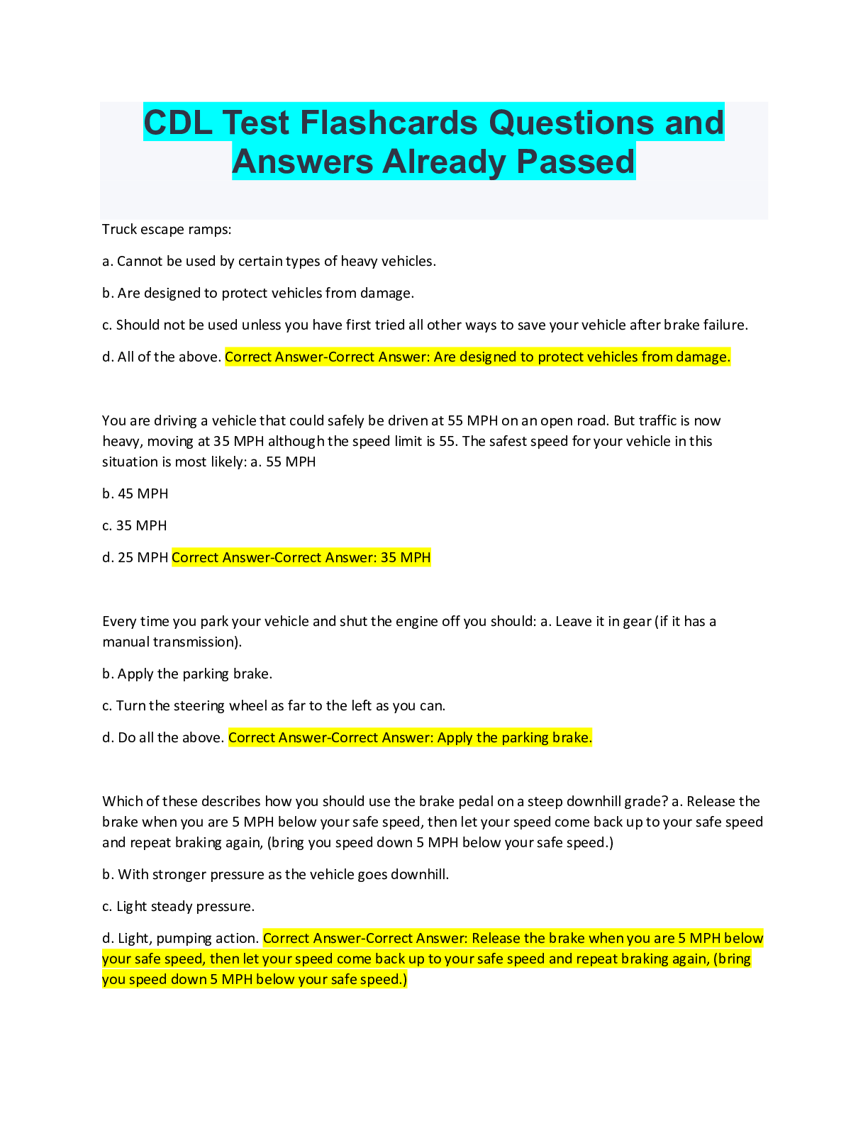 Preview of CDL Test Flashcards_Highly_Tested_Questions and Answers_Already Passed
